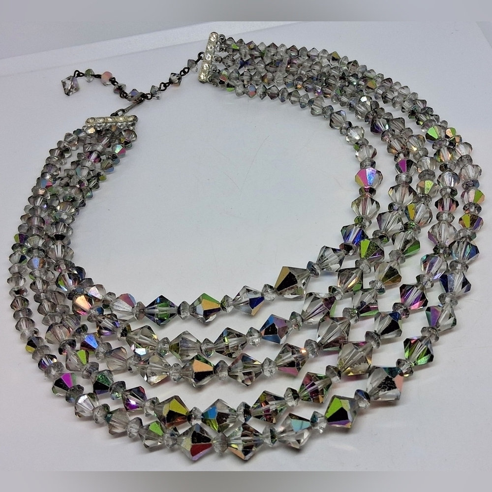 * Vintage MCM *5 Strand* Graduated Bicone Carnival AB Crystal Necklace